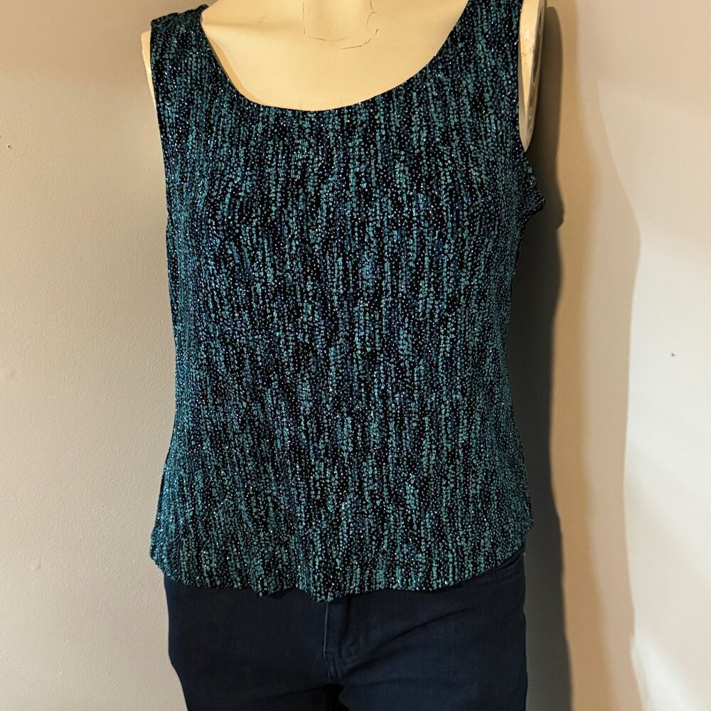 XSCAPE by Joanna Chen Shimmer Tank XL Blue Green Metallic Glam Sequin Like Shine